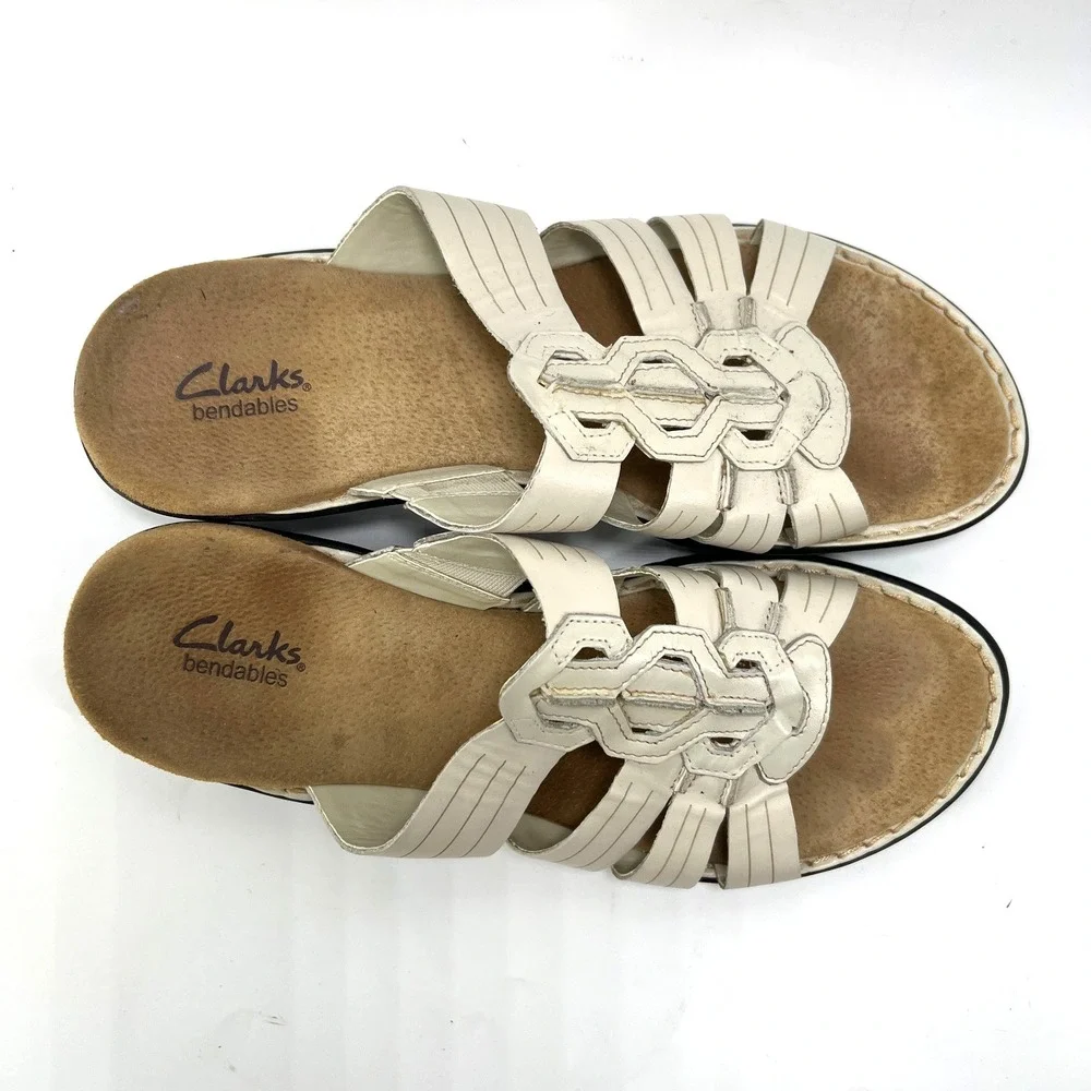 Clarks Women's 9 M Off White Leather Slide Sandals Comfort Strappy Shoes